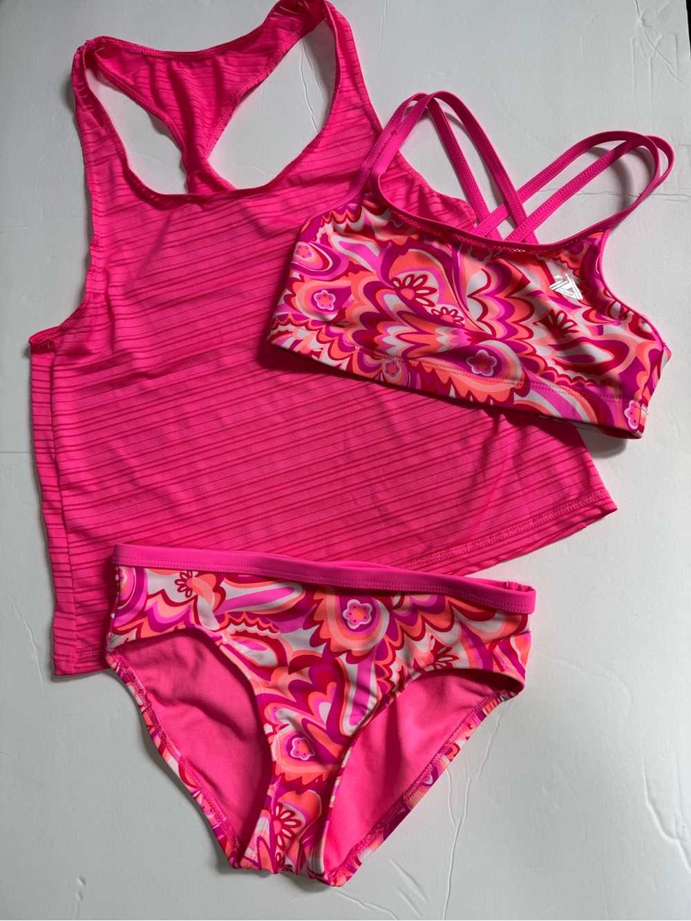ZeroXPosur Girls 6x Swimsuit Pink Orange Flowers Swirl Bikini & Tank 3 Piece Set